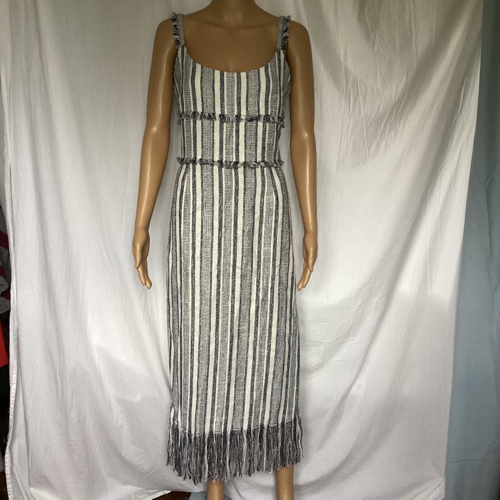 La Ligne MIDI Nautical navy and Cream Striped Fringe dress 10